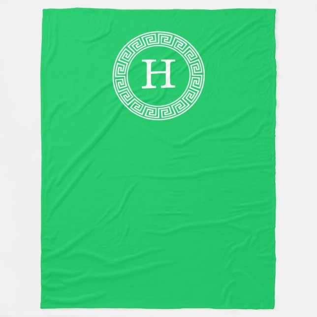 Emerald Green Greek Key Rnd Frame Initial Monogram Fleece Blanket (Front)