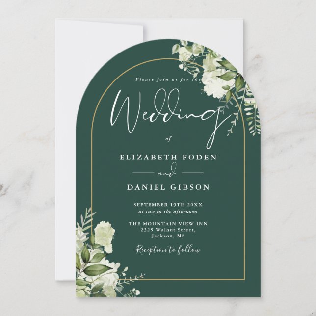 Emerald Green Greenery Gold Arch Monogram Wedding Invitation (Front)