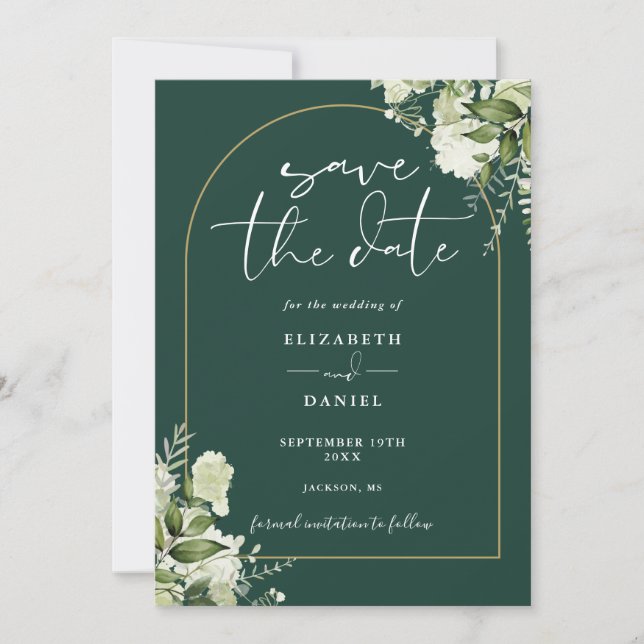 Emerald Green Greenery Gold Arch QR Code Wedding Save The Date (Front)