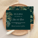 Emerald green greenery wedding save the date flyer<br><div class="desc">Please note that this Save the date is on flyer paper and very thin. Envelopes are not included. For thicker Save the Date cards (same design) please visit our store. A modern and elegant Save the Date for a wedding. Emerald green background decorated with ginkgo leaves. Personalise and add a...</div>