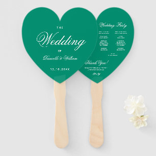 Emerald Green Heart Elegant Script Wedding Program Hand Fan