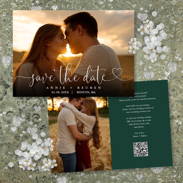 Emerald Green Heart Script Photo Wedding QR Code Save The Date (Emerald Green Heart Script Photo Wedding QR Code Save The Date)