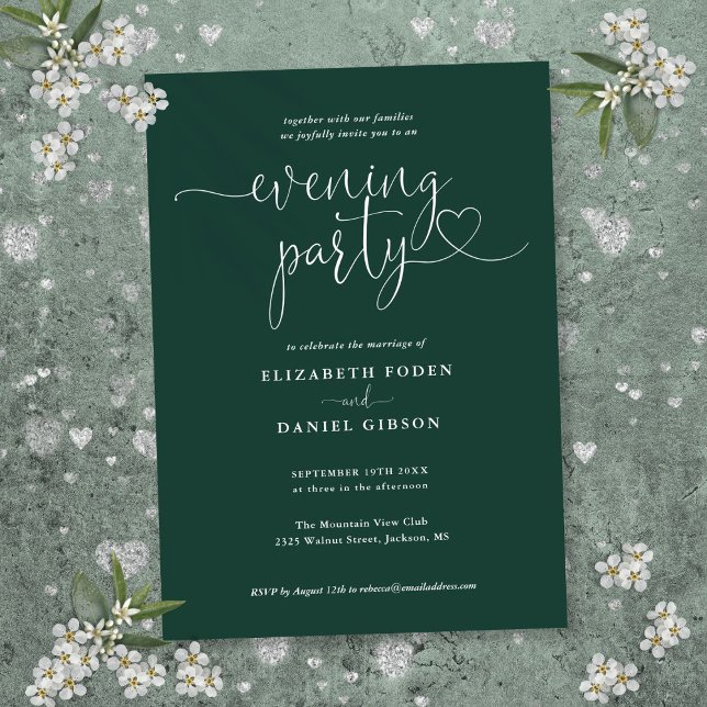 Emerald Green Heart Script Wedding Evening Party Invitation (Emerald Green Heart Script Wedding Evening Party Invitation)