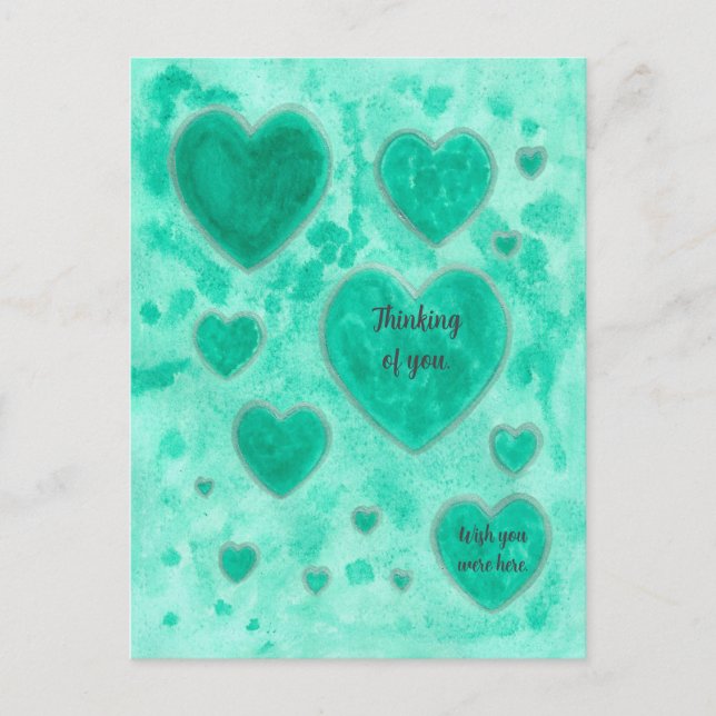 Emerald Green Hearts, Custom Watercolor Postcards (Front)