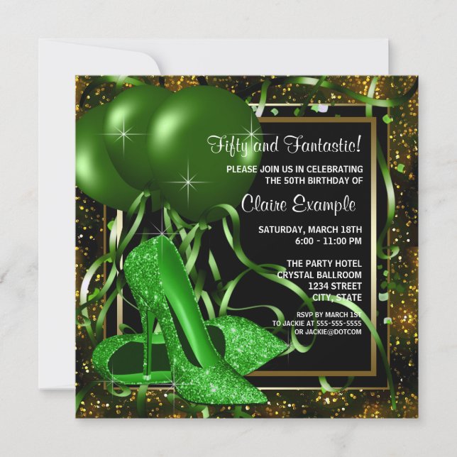 Emerald Green High Heel Shoe Womans Birthday Party Invitation (Front)