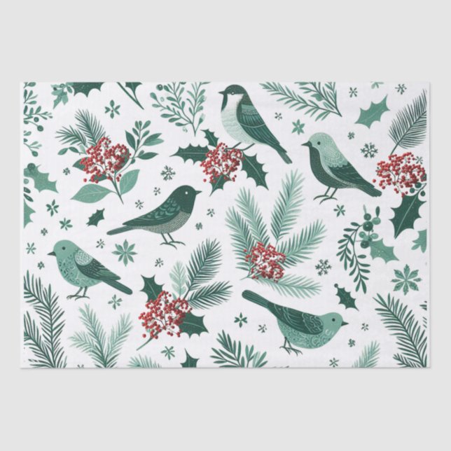 Emerald Green Holiday Birds Tissue Paper (Front)