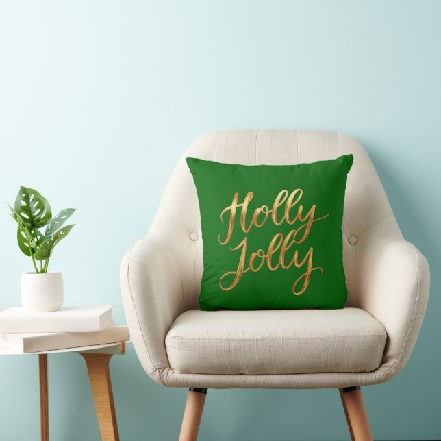 Emerald Green Holly Jolly - Gold Script Decor Cushion (Chair)