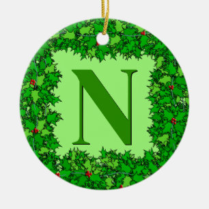 Emerald Green Holly Wreath Personalised  Ceramic Ornament