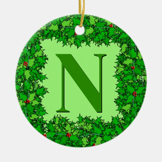 Emerald Green Holly Wreath Personalised  Ceramic Ornament (Front)