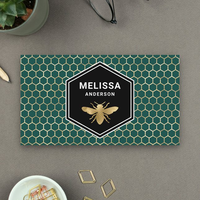 Emerald Green Honeycomb Gold Foil Honey Bee Business Card (Creator Uploaded)