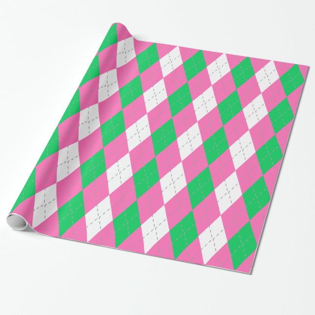 Emerald Green Hot Pink Dk Grey Wht XL Argyle Wrapping Paper (Unrolled)
