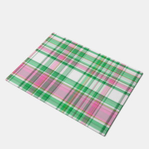 Emerald Green, Hot Pink, White Preppy Madras Plaid Doormat