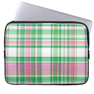 Emerald Green, Hot Pink, White Preppy Madras Plaid Laptop Sleeve