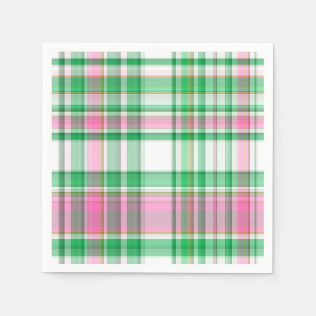 Emerald Green, Hot Pink, White Preppy Madras Plaid Napkin (Front)