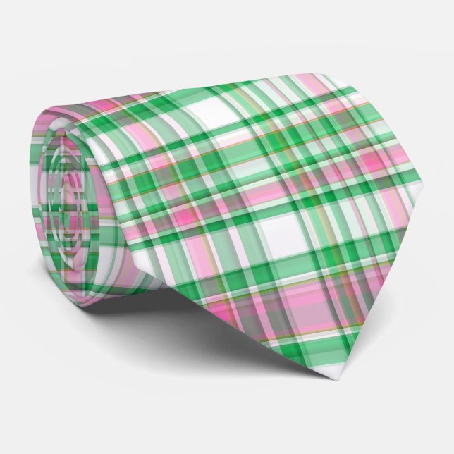 Emerald Green, Hot Pink, White Preppy Madras Plaid Tie (Rolled)