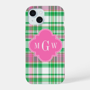 Emerald Green Hot Pink Wht Preppy Madras Monogram iPhone 15 Case