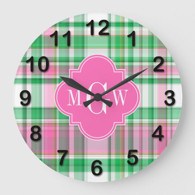Emerald Green Hot Pink Wht Preppy Madras Monogram Large Clock (Front)