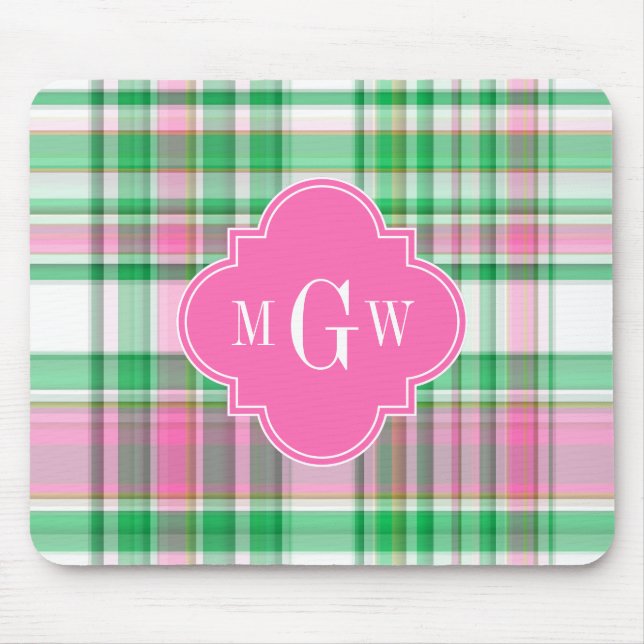 Emerald Green Hot Pink Wht Preppy Madras Monogram Mouse Pad (Front)