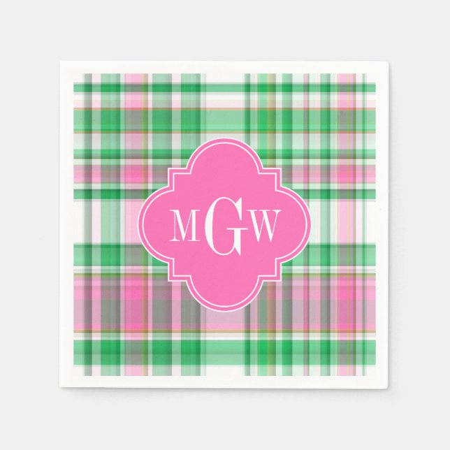 Emerald Green Hot Pink Wht Preppy Madras Monogram Napkin (Front)