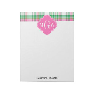 Emerald Green Hot Pink Wht Preppy Madras Monogram Notepad