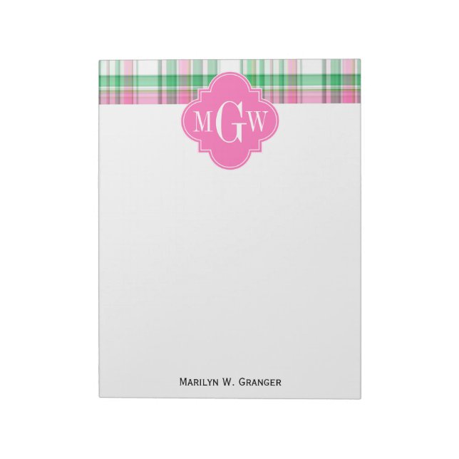 Emerald Green Hot Pink Wht Preppy Madras Monogram Notepad (Rotated)