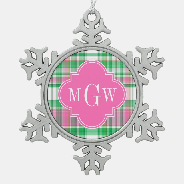 Emerald Green Hot Pink Wht Preppy Madras Monogram Snowflake Pewter Christmas Ornament (Front)