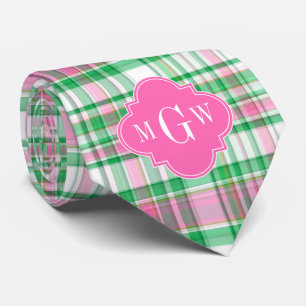 Emerald Green Hot Pink Wht Preppy Madras Monogram Tie