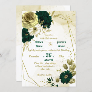 Emerald green ivory gold floral geometric wedding invitation
