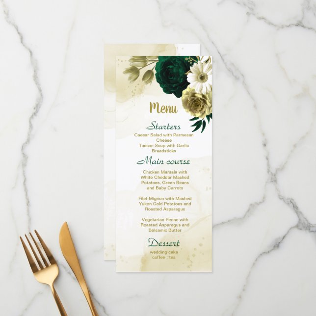 Emerald green ivory gold floral  menu (Front/Back In Situ)