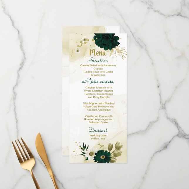 Emerald green ivory gold floral wedding menu (Front/Back In Situ)
