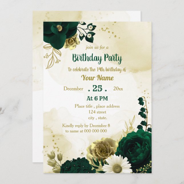 Emerald green ivory gold flowers birthday party invitation (Front/Back)
