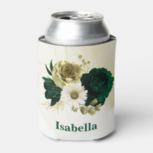 Emerald green ivory gold flowers monogram can cooler