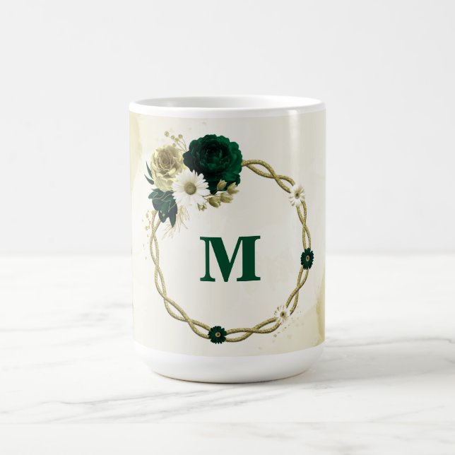 Emerald green ivory gold flowers monogram coffee mug (Center)