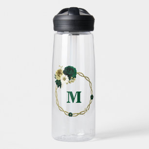 Emerald green ivory gold flowers monogram water bottle