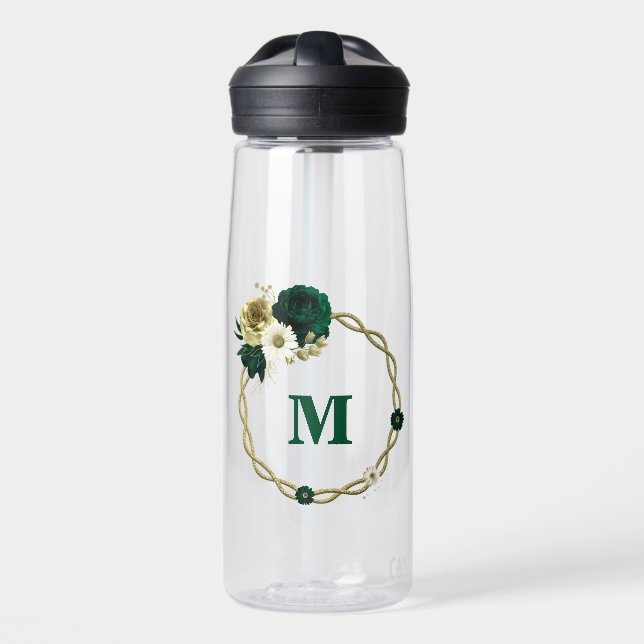 Emerald green ivory gold flowers monogram water bottle (Front)
