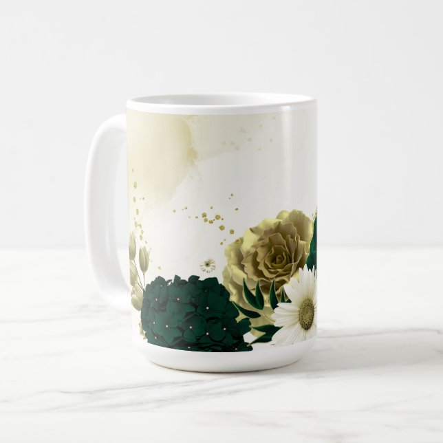 Emerald green ivory gold flowers wedding coffee mug (Front Left)
