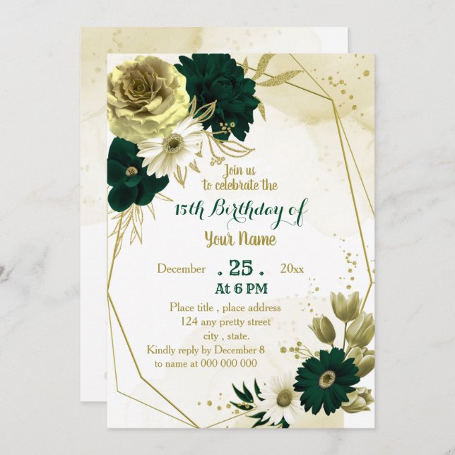 Emerald green ivory gold geometric birthday party invitation (Front/Back)