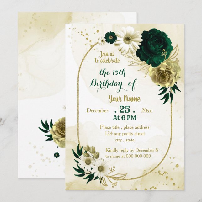 Emerald green ivory gold geometric birthday party invitation (Front/Back)