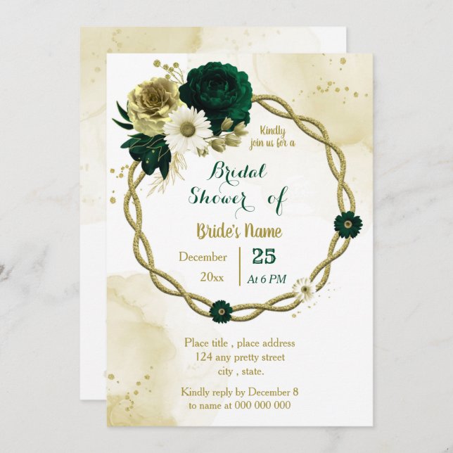 Emerald green ivory gold wreath bridal shower invitation (Front/Back)