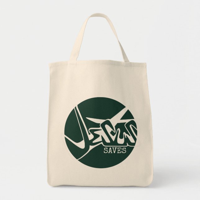 Emerald Green Jesus Saves Graffiti Tote Bag (Front)