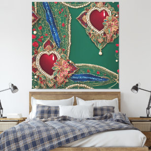 Emerald green lace and red hearts AI art Canvas Print