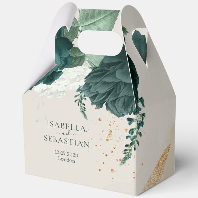 Emerald Green Leaf & Blush Rose Romantic Wedding Favour Box (Front)