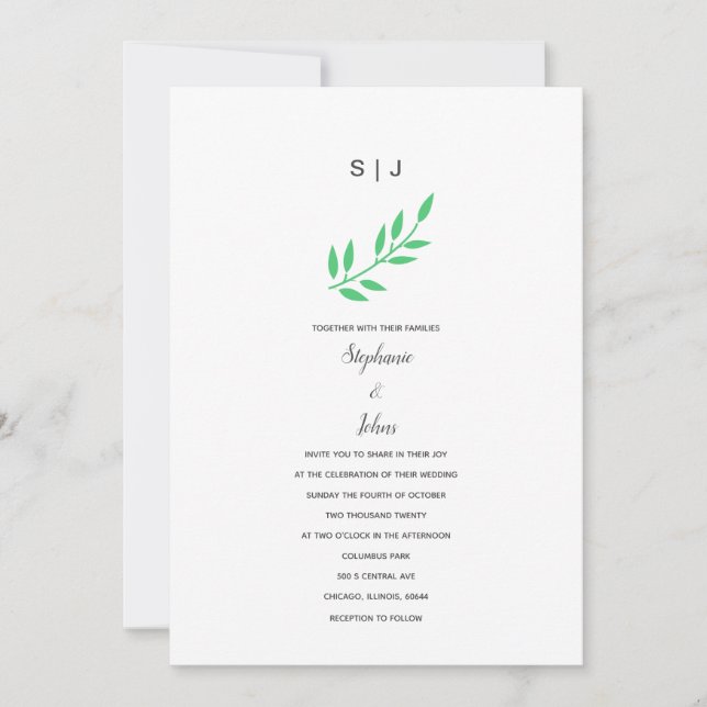 Emerald Green Leaf Grey Monogram Name Boho Wedding Invitation (Front)