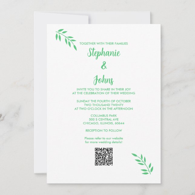 Emerald Green Leaf Script White QR Code Wedding Invitation (Front)