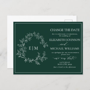 Emerald Green Leafy Crest Monogram Change The Date Invitation Postcard