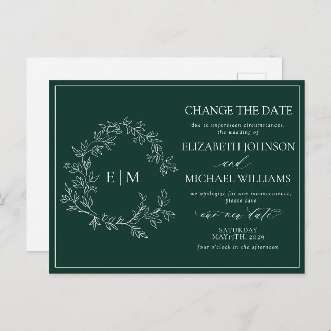 Emerald Green Leafy Crest Monogram Change The Date Invitation Postcard (Front/Back)