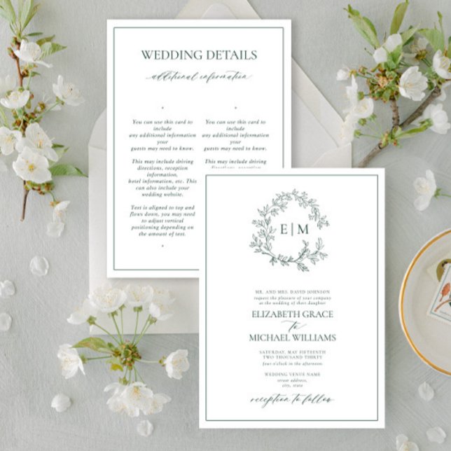 Emerald Green Leafy Crest Monogram Details Wedding Invitation (Creator Uploaded)