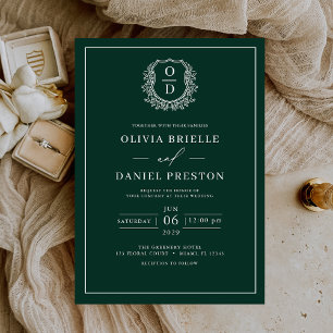 Emerald Green Leafy Crest Monogram Elegant Wedding Invitation
