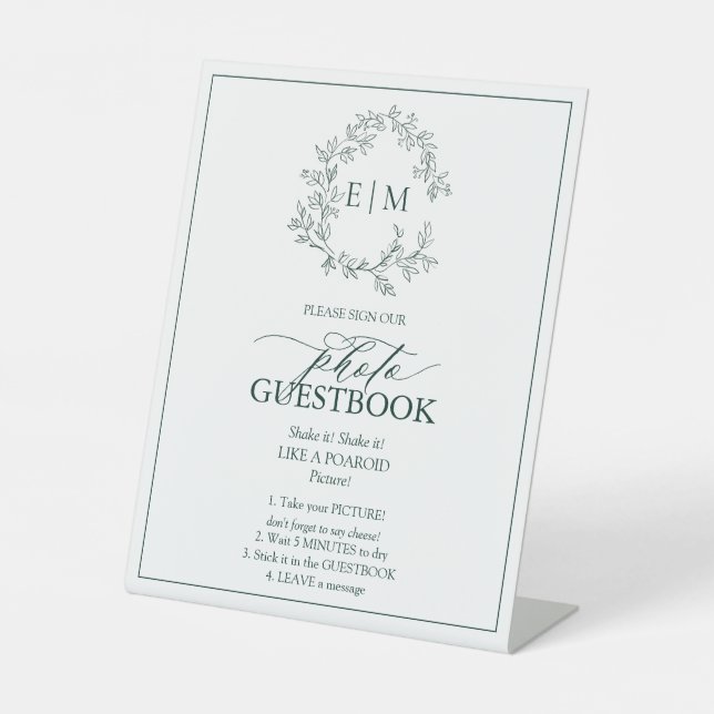 Emerald Green Leafy Crest Monogram Photo Guestbook Pedestal Sign (Front)