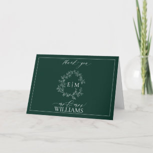 Emerald Green Leafy Crest Monogram Photo Thank You Card